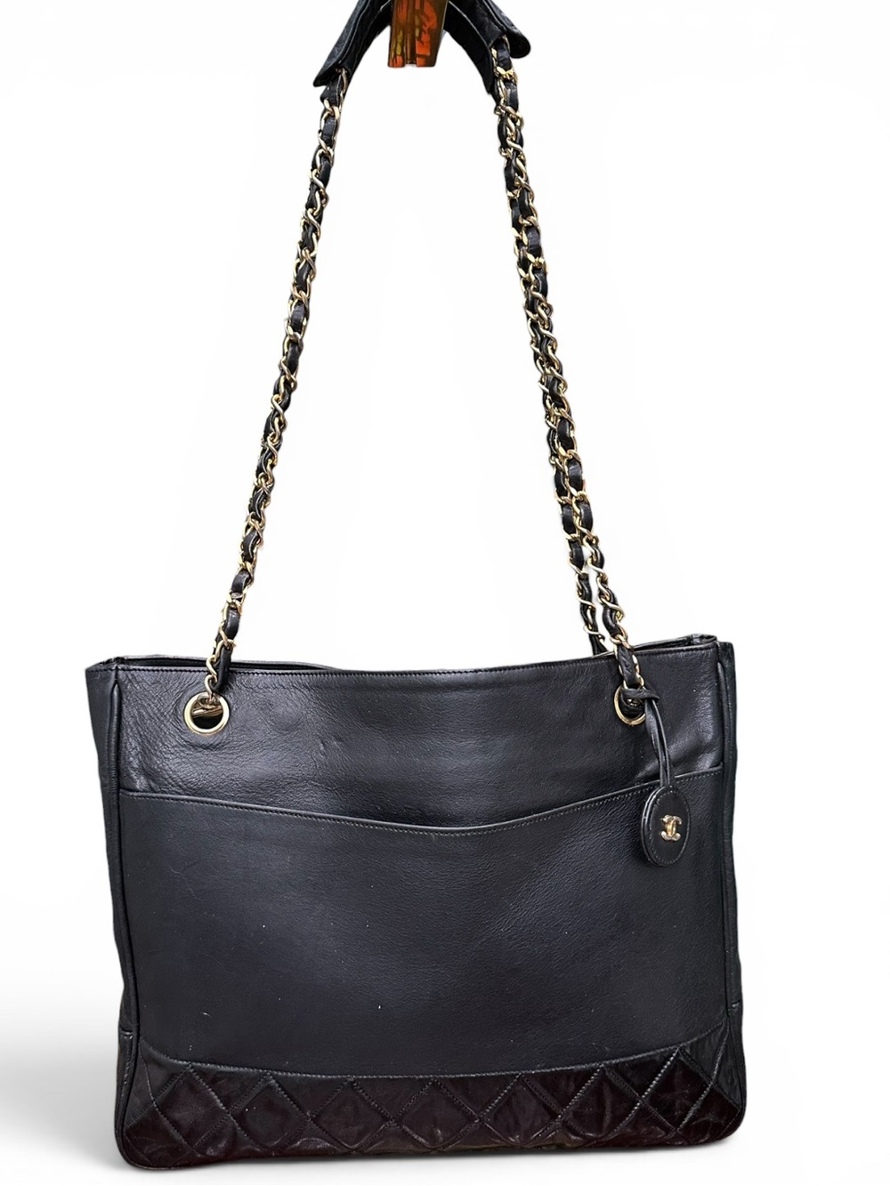 Vintage Chanel Black Lambskin Chain Tote Bag CC Medallion Quilted Trim | Italy